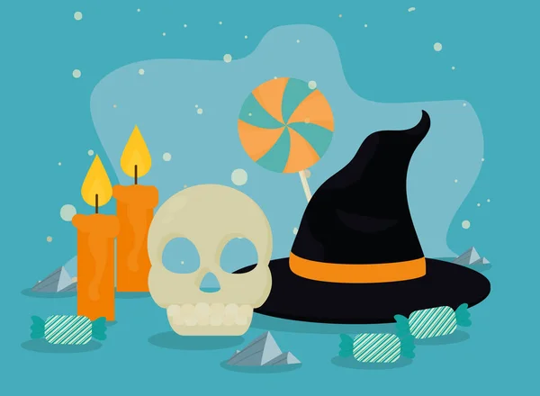 Halloween schedel en heks hoed — Stockvector