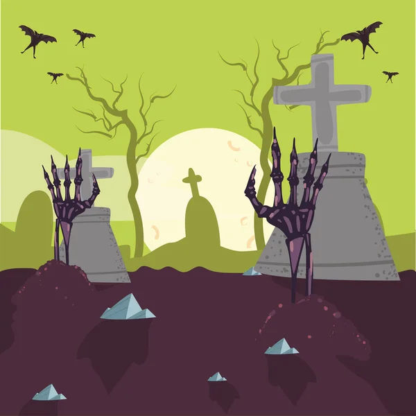 Cementerio de Halloween con zombis manos — Vector de stock