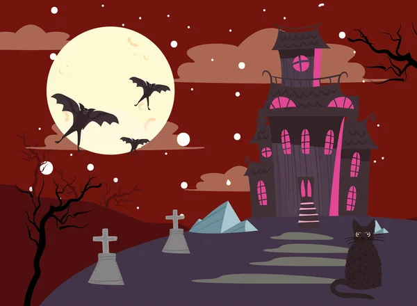 Halloween zamek i kot — Wektor stockowy