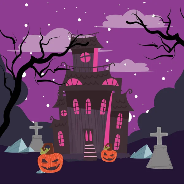 Halloween pumpkins and haunted house — Stock Vector