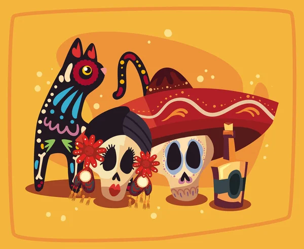 Meksykański kot i czaszki — Wektor stockowy