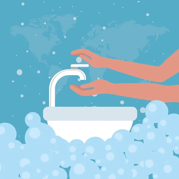 Миття рук в умивальнику з бульбашками — стоковий вектор