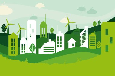 Rüzgar değirmenleri olan sürdürülebilir binalar