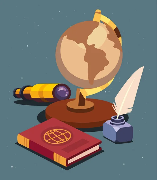 Geografía esfera telescopio y libro — Vector de stock