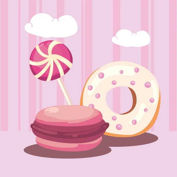 Donut macarrón y caramelo — Vector de stock