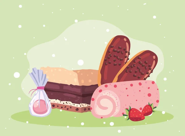 Pastel con chocolates y rollo — Vector de stock