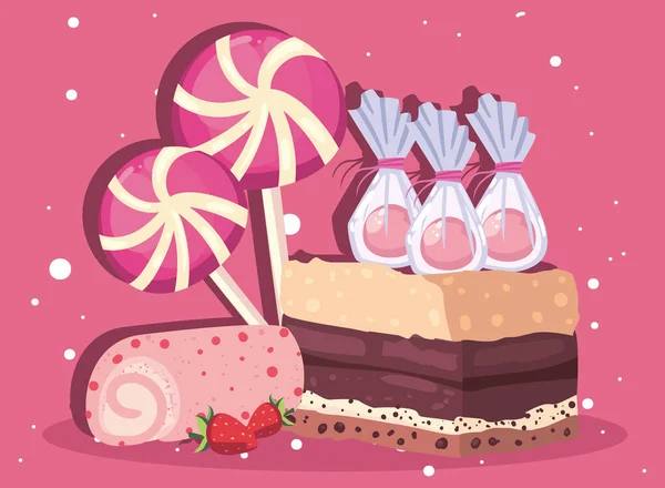 Torta con caramelos y rollo — Vector de stock