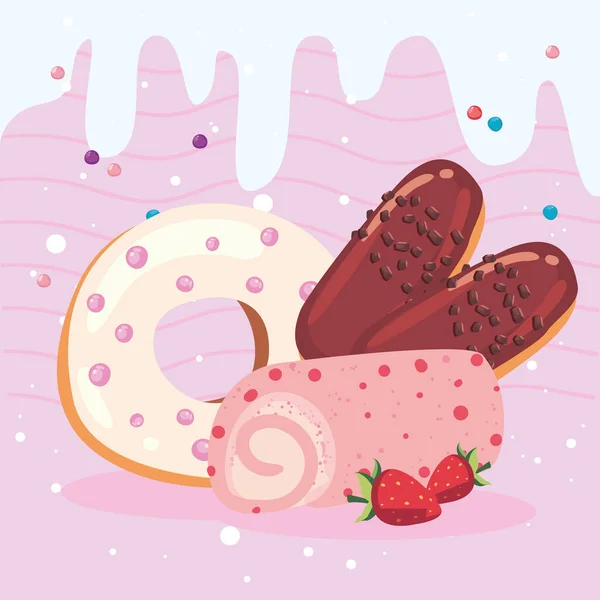 Eclair with donut and roll — Stock Vector