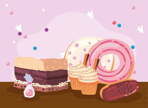 Torta muffinnal és fánkkal — Stock Vector