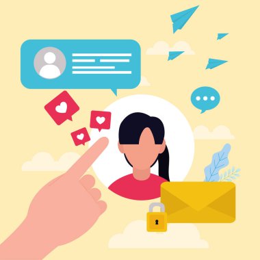 Kabarcık ve zarfla el gösteren kadın.