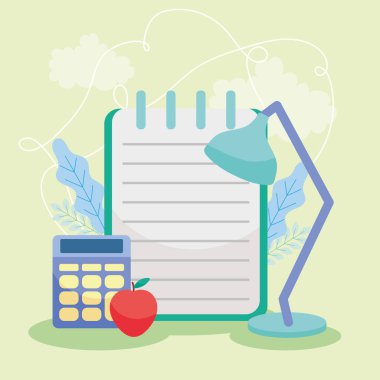 dizüstü bilgisayar lambası hesap makinesi ve elma