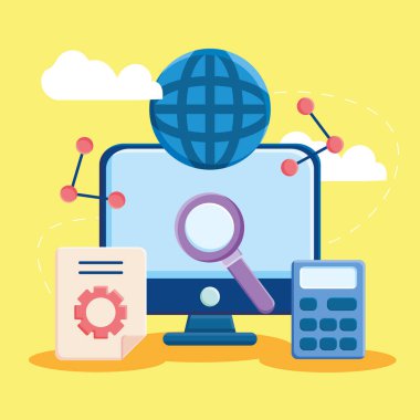 Küresel küre ve simgelere sahip bilgisayar