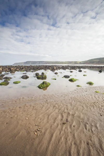 Playa con rocas en la arena en Cayton Bay, Reino Unido Imagen De Stock