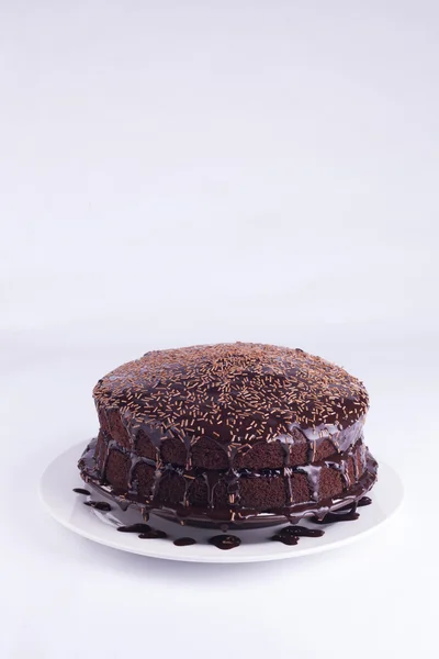 Lujoso pastel de chocolate rico en la placa blanca — Foto de Stock