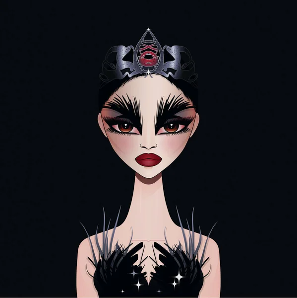 用羽毛和银冠装饰的黑色长袍描绘美丽的戏剧化芭蕾舞演员 万圣节芭蕾舞剧女主角 — 图库矢量图片