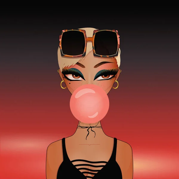 Illustration Vectorielle Personnage Fille Mignonne Soufflant Bubblegum Rose Coucher Soleil — Image vectorielle