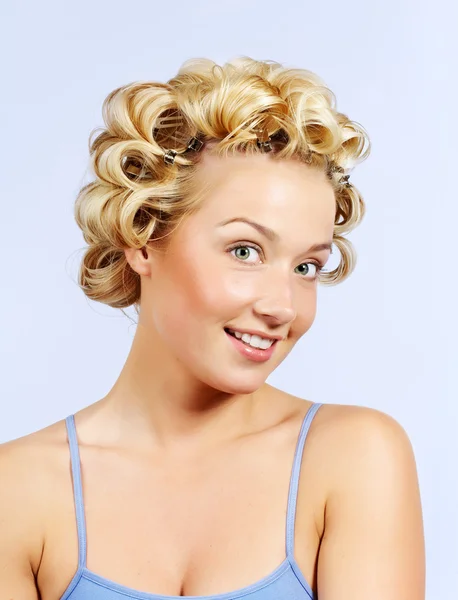 Woman Wearing Curlers — Stock Photo, Image