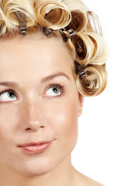 Woman Wearing Curlers — Stock Photo, Image