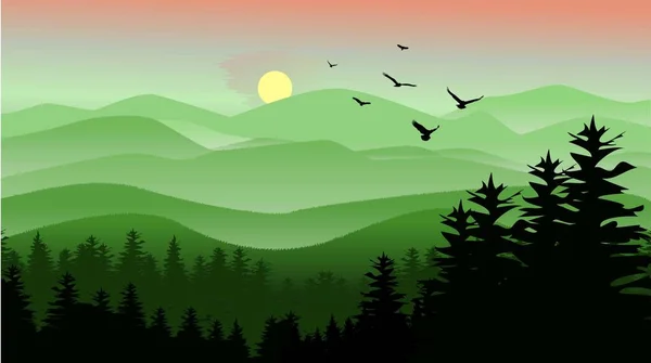 Καταπληκτικό Πράσινο Τοπίο Στο Βουνό Πρωί Εικόνα Γραφικό Εικονίδιο Σχεδιασμό — Διανυσματικό Αρχείο