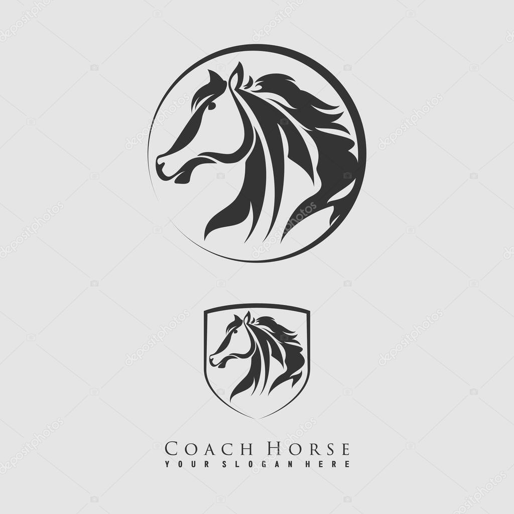 Unique outline horse in Circle and shield image graphic icon logo design abstract concept vector stock. Can be used as a symbol associated with animal
