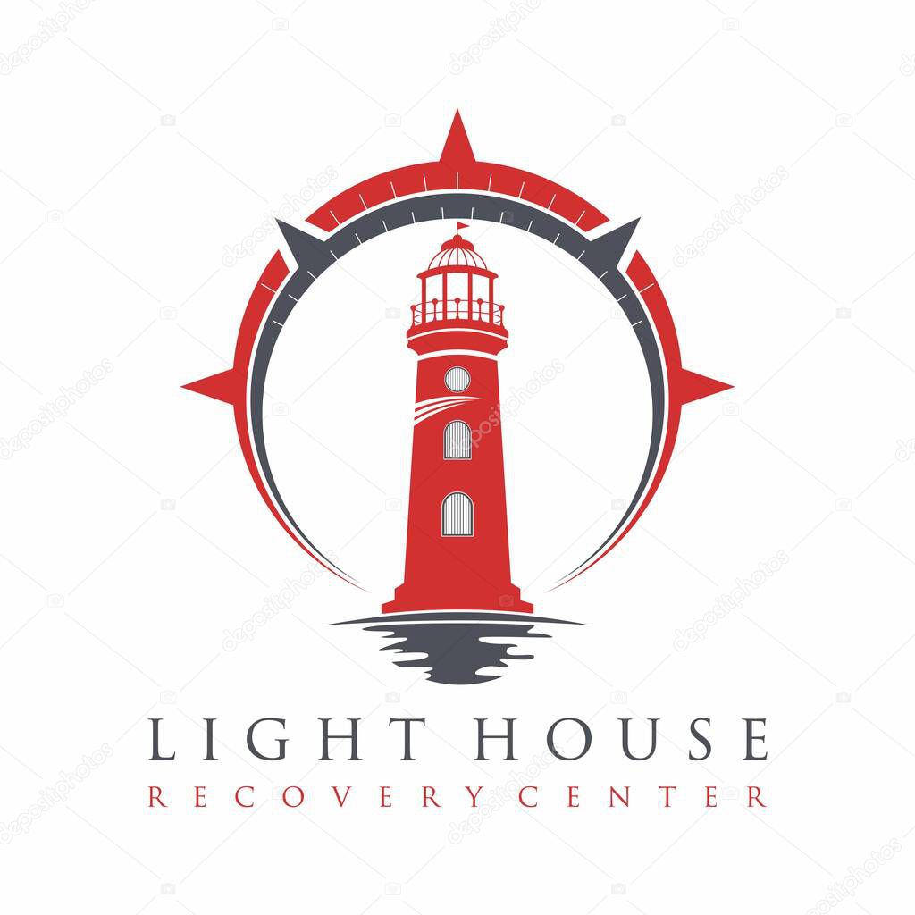 Unique light house with shadow sea and compass image graphic icon logo design abstract concept vector stock. Can be used as a symbol relating to sea or sailor