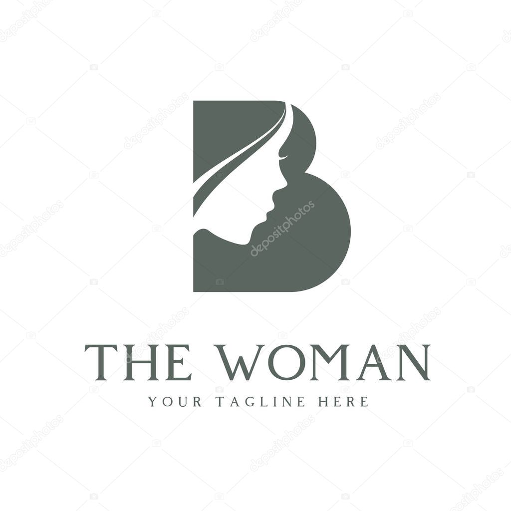Simple and unique letter or word B sans serif font with woman side face image graphic icon logo design abstract concept vector stock. Can be used as a symbol related to beauty or initial