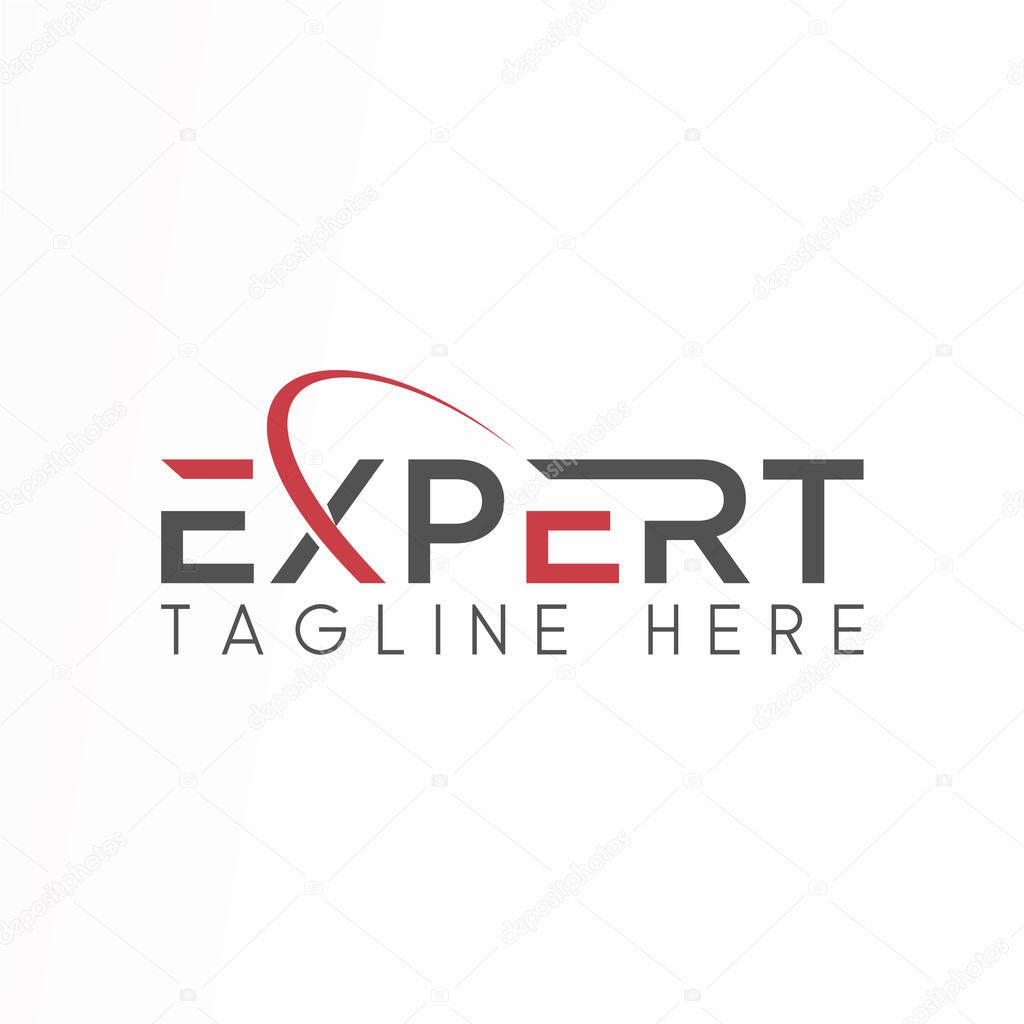 Letter or word EXPERT sans sarif font with cutting swoosh idea graphic logo design abstract concept vector stock related to video content or wordmark
