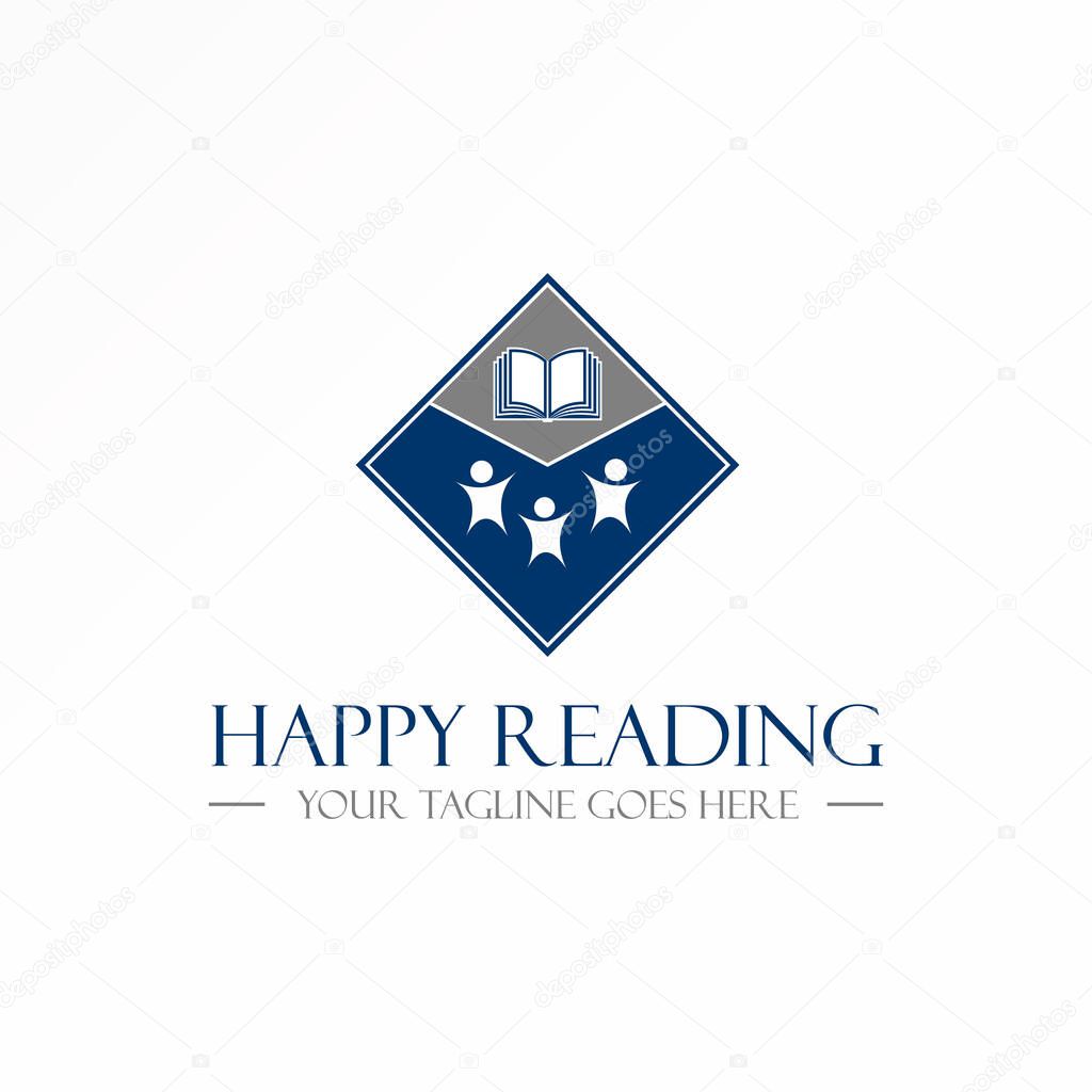 Book and Happiness people on block image graphic icon square logo design abstract concept vector stock. Can be used as a symbol related to education.