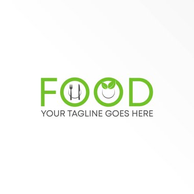 FOOD kelimesi ya da mektup: Yapraklar, Kaşıklar, yemek çatalı ve bıçak grafikli grafik logo tasarımı soyut konsept vektör stoğu içeren serif yazı tipi yok. Vegan 'la ilgili bir sembol olarak kullanılabilir.