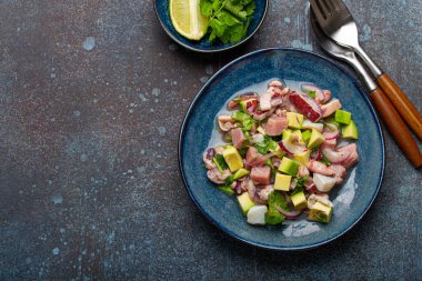Fotokopi alanının üstünden taze balık ve deniz ürünleri tabağı ile Peru ceviche