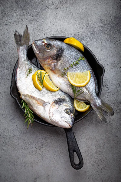 Poisson cru dorade ou dorado dans une poêle en fonte d'en haut — Photo