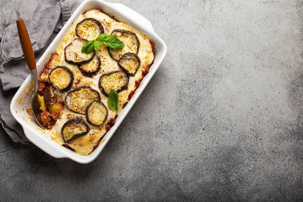 Greek baked dish Moussaka from above copy space — Stock Photo, Image