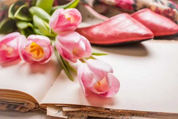 Pink tulips and blank book with womens shoes over white wooden — Stock Photo, Image