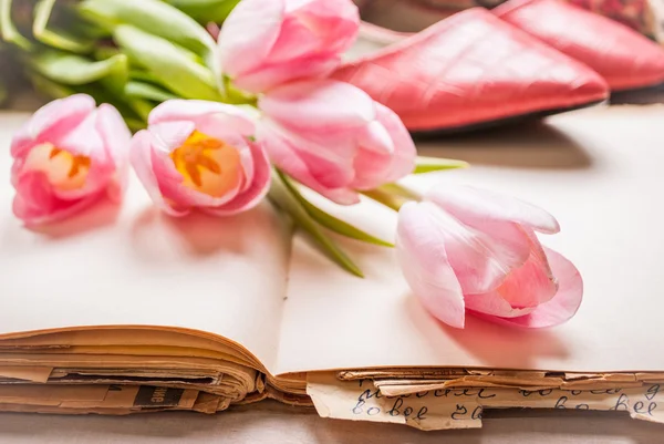 Pink tulips with womens shoes over white wooden table. Spring chic background — Stock Photo, Image