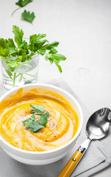 Sopa de abóbora com fundo de salsa — Fotografia de Stock