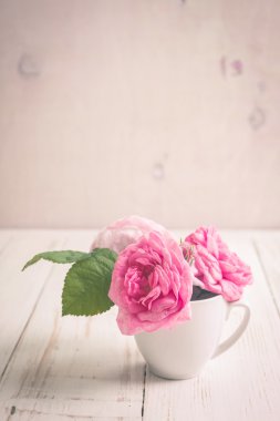 Beyaz ahşap zemin üzerinde pembe güller