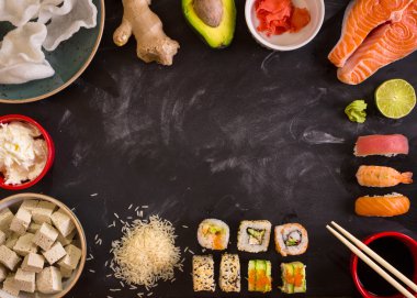 Ingredients for sushi on dark background clipart