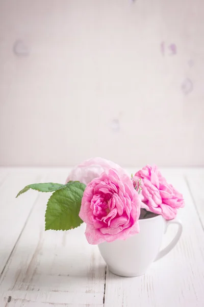 Roze rozen van de thee op een witte houten achtergrond — Stockfoto