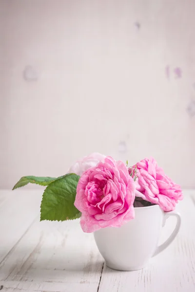 Roze rozen van de thee op een witte houten achtergrond — Stockfoto