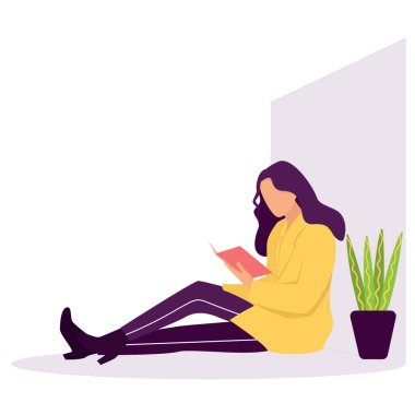 Düz çizim kitabı okuyan genç bir kadın. Kitap severler. İnceleme ya da sertifika için hazırlanıyor. Bilgi ve eğitim kütüphanesi konsepti, edebiyat okurları