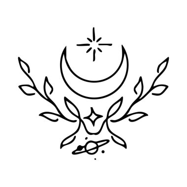 Mistik göksel tasarım elementleri. Yıldızlar, hilal ayları, takımyıldızları ve logolar için bölücüler içeren vektör simgesi.