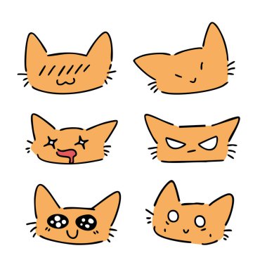 Şirin turuncu kedi yüzleri. Kedi kafası ifadeleri, kedi surat ifadeleri. Hayvan çizgi film karakterleri gülümsüyor, gülüyor ve ağlıyor. El çizimi emoji duyguları