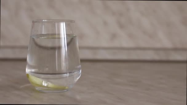 Eine Zweite Zitronenscheibe Fällt Ein Glas Wasser Eine Zweite Zitronenscheibe — Stockvideo