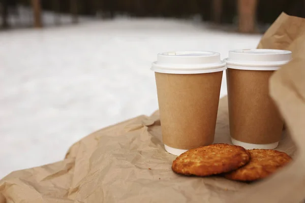 两个人在松林里喝咖啡 用纸包装着美味的燕麦饼干 图库照片
