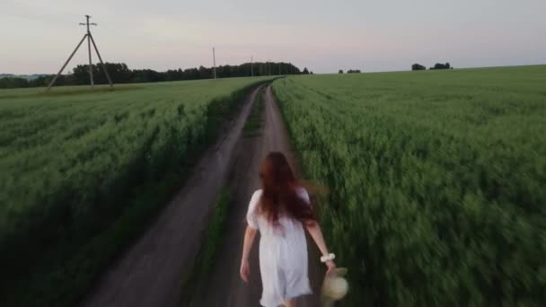 白いドレスの少女がオートフィールドの未舗装の道を走っている 空中記録ドローン記録 — ストック動画