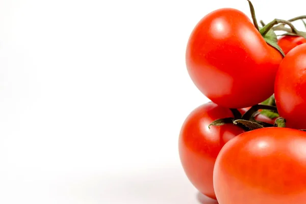 Beyaz arkaplanda izole edilmiş bir dalda birkaç kırmızı domates.
