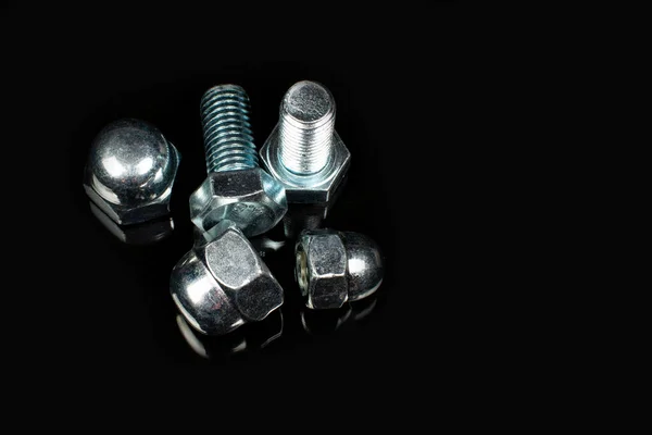 Metal Bolts Nuts Black Background — Stock Photo, Image