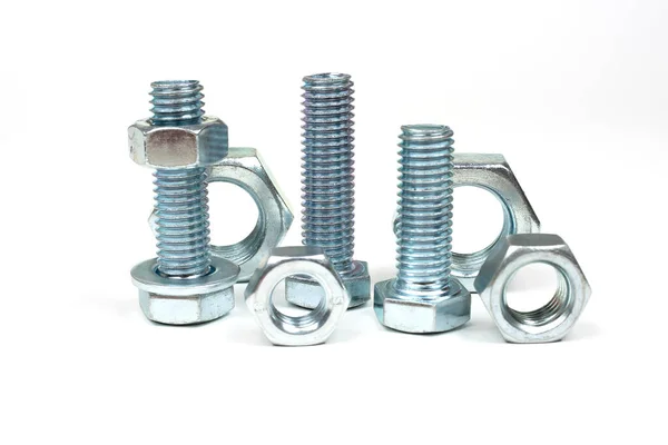 Several Bolts Nuts Made Silver Metal Close — 스톡 사진
