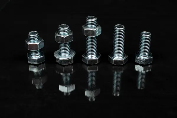 Metal Bolts Nuts Group Black Background — Stock Photo, Image