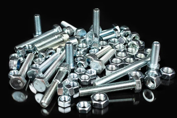 Metal Bolts Group Black Background — Stock Photo, Image